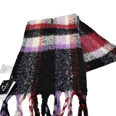 Bufanda ECHO Mezcla Lana Negra Cuadros Floral Satinado Forrada Flecos Nueva con Etiquetas Foto 1 de 4