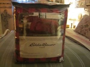 Eddie Bauer KING 3 Pc Comforter Set Cotton Mountain Buffalo Plaid Red & Black - Picture 1 of 11