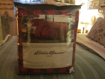 Eddie Bauer KING 3 Pc Comforter Set Cotton Mountain Buffalo Plaid Red & Black - Image 1 of 4