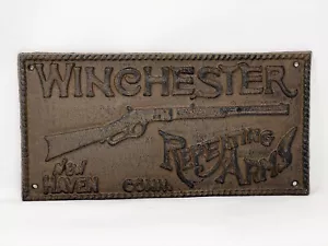 Rustic Solid Cast Iron 13" x 6.5" Winchester Repeating Arms Sign Plaque Man-Cave - Picture 1 of 4