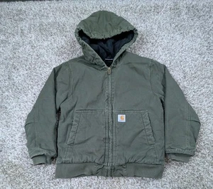 Carhartt Jacket Boys Medium 10-12 Olive Green Duck Canvas Quilt Lined Hooded Zip - Picture 1 of 9
