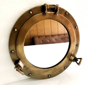 12" Antique Brown Finish Canal Boat Porthole-Window Ship Round Mirror - Picture 1 of 5