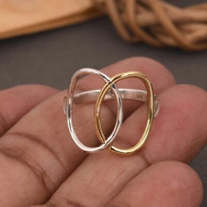 Anillo Doble Círculo Abierto, Anillo Círculos Entrelazados de Plata 925, Anillo Abierto de Dos Tonos - Imagen 1 de 11