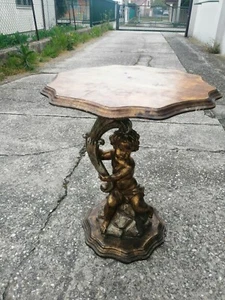 Tavolino scolpito putto cornucopia ripiano legno laccato dorato scultura h 60 cm - Foto 1 di 12