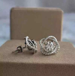 2.50 Carat Round Cut Moissanite Stud Earrings Solid 14k White Gold For Women - Picture 1 of 5