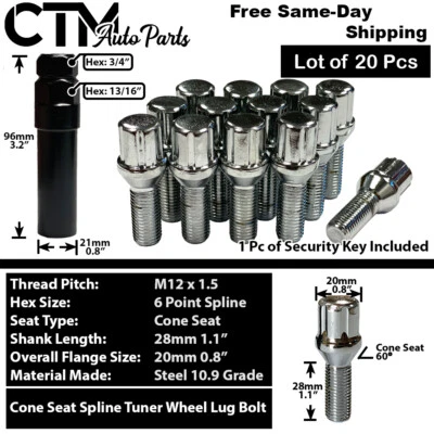 20x BMW Mini Cromo 12x1.5 Spline Sintonizador Tornillo 28mm Vástago Cono Asiento Ajuste E-Body Foto 1 de 4