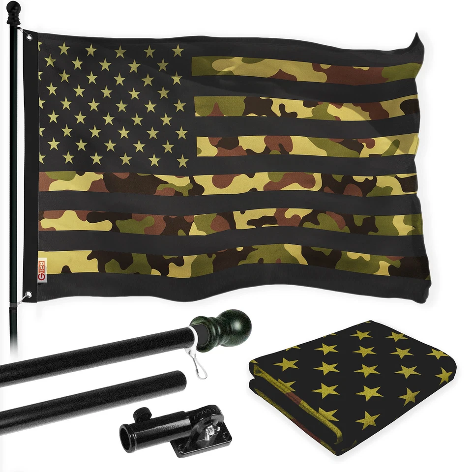 G128 Combo 6 Ft Flagpole Black & USA Camouflage Flag 3x5 Ft Printed Polyester