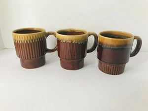 Set of 3 stacking coffee mugs, made in Japan, brown drip glaze - Picture 1 of 6