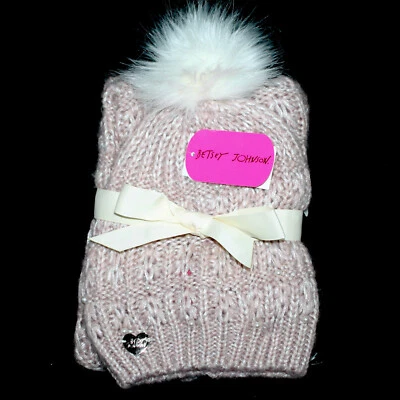 BETSEY JOHNSON Knit Snood & Beanie Set Faux Pearls Pink Metallic Silver BJ88745 - Image 1 of 4