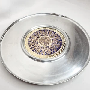 Floral Silver Tone Serving Tray Ornate Cobalt Blue Gold MCM Pattern Aluminum 16" - Picture 1 of 9