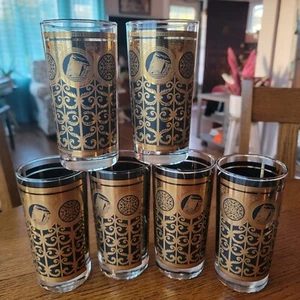 Juego de 6 vasos Highball MCM Libbey oro 24K y negro 12 oz Prudential Gibraltar - Imagen 1 de 9