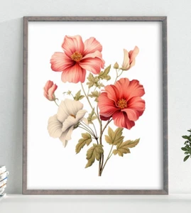 Botanical, Floral Art Print, Red Flowers Wall Art Decor Print, Home Decor - Picture 1 of 2