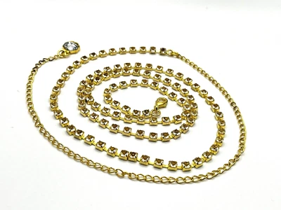 1980's Vintage Gold Tone Clear Rhinestone Link Chain Belt Clasp 30" w 12" extend - Image 1 of 4