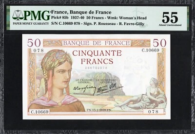 France 50 Francs P85b 1937-40 PMG55 aUNC Banknote French Currency BRIGHT COLOUR - image 1 of 2