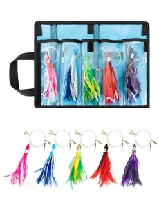 BLUEWING Tuna Feather Squid Lure 5 Pack Stainless Steel Trolling Hook US Seller - Picture 1 of 7