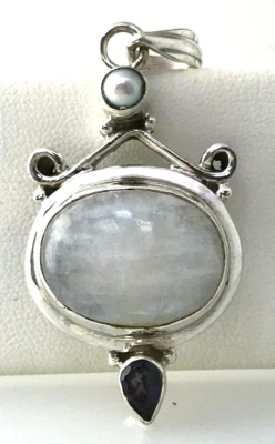 Natural Moonstone Pearl & Amethyst Statement Pendant Sterling Silver - Image 1 of 4