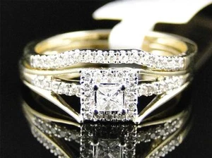 Ladies 10K Yellow Gold Solitaire Princess Diamond Engagement Wedding Ring Set - Picture 1 of 8