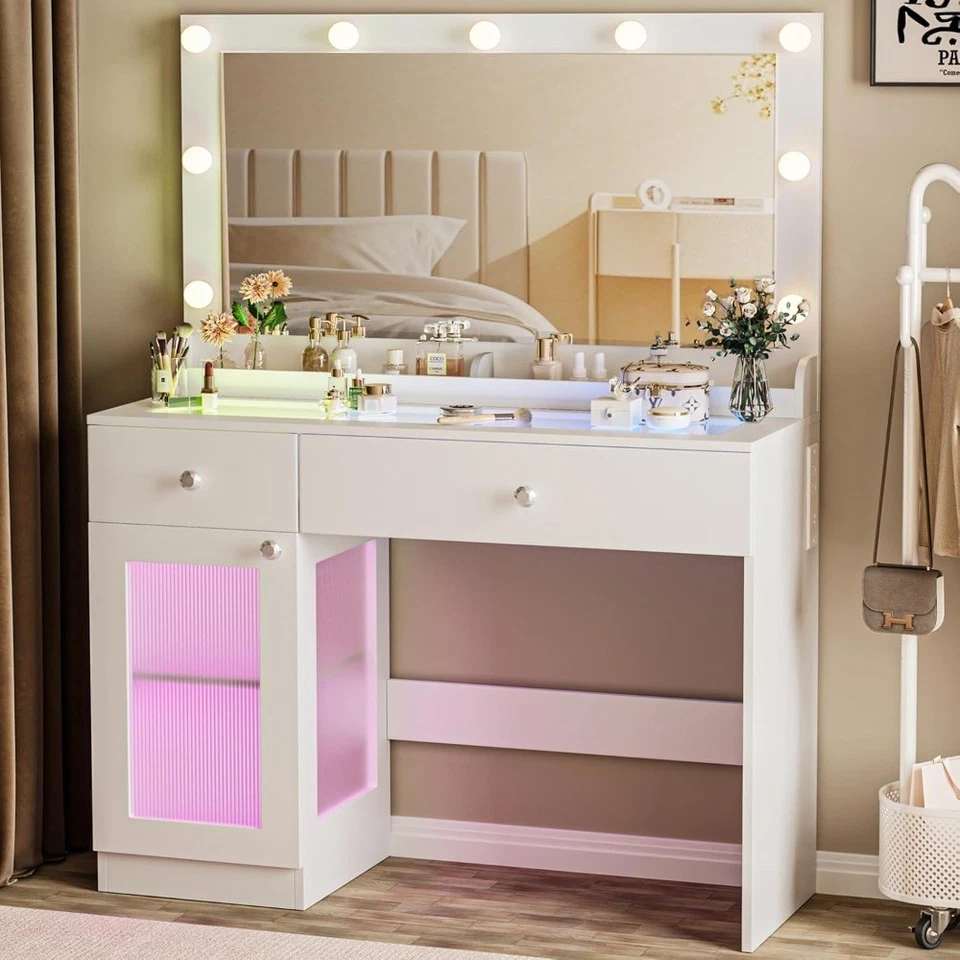 Tocador Escritorio con Espejo Grande y Luces, Tocador de Maquillaje con Tapa de Vidrio de 39.4"" con Foto 1 de 4