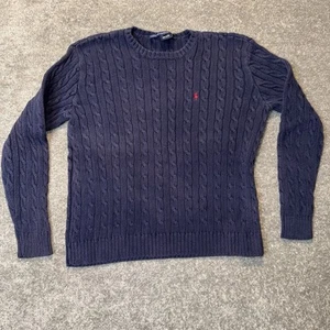 Suéter Ralph Lauren Deportivo Tejido con Cable Azul Marino Rojo Poni Algodón Para Mujer’s L - Imagen 1 de 7