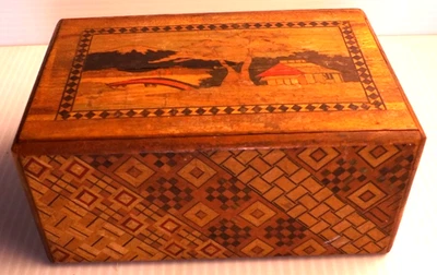 复古 1940 年代日本拼图盒 ~ Mt. 富士木制镶嵌带抽屉四十年代末 — 第 1/4 张图片