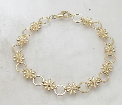 Brazalete Technibond 3D Flor Margarita Eslabón Círculo Chapado en Oro Amarillo 14K Plata Foto 1 de 4