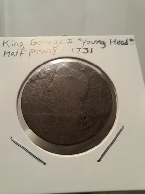 Meio centavo britânico 1731 King George II (busto jovem) | Muito usado | Corroído - Imagem 1 de 4
