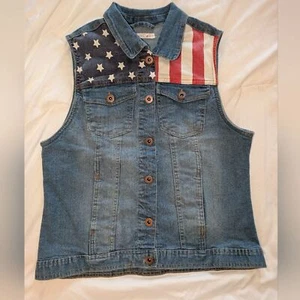 Sunset Sky | Size Small | USA Flag Patriotic Denim Button Down Vest W/ Pockets - Picture 1 of 5