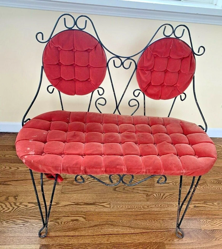 Антикварное винтажное металлическое стеганое скамейное сиденье середины века - Изображение 1 из 4