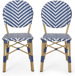 Picardy Outdoor Bistro Chair, Navy Blue + White + Bamboo Finish