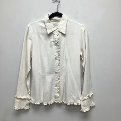 Utility Canvas Womens Button Front Shirt Beige Long Sleeve Ruffle Trim S - Image 1 of 4