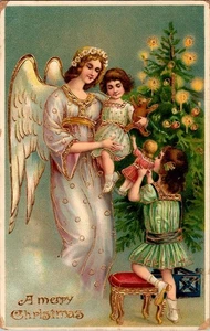 Precioso Ángel sosteniendo niño adorno dorado árbol de Navidad 1915 postal a120 - Imagen 1 de 2