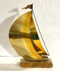 Vintage 1970’s Brass Sailboat Sculpture 16.25” Tall Metal Ship Signed Demott - Picture 1 of 14