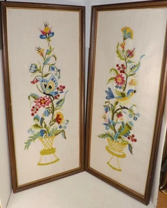 Vintage 60er MCM Wandbild Nadelspitze Crewel bestickt Vogel & Schmetterling Blumen - Bild 1 von 6