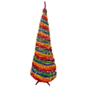 Northlight 6' Rainbow Tinsel Pop-Up Artificial Christmas Tree, Clear Lights - Picture 1 of 6
