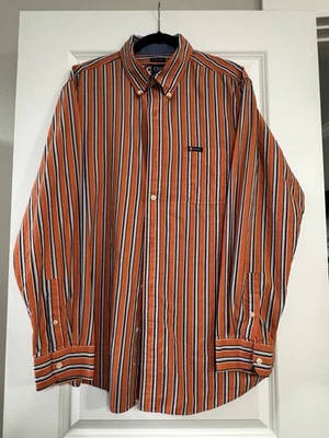 Camisa con botones Chaps para hombre XLarge manga larga fácil cuidado naranja/azul a rayas Foto 1 de 4
