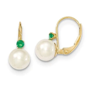 14k Yellow Gold 7mm White FW Cultured Pearl & .09ct. Emerald Leverback Earrings - Picture 1 of 12