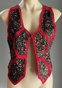 Vtg Suede Patchwork VEST Crochet Trim Boho Hippy Black Red Floral Print Size 12 - Picture 1 of 10