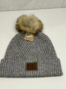 C.C Exclusives Pom Beanie Gray Diagonal Stripe Winter Hat Cap - Picture 1 of 5