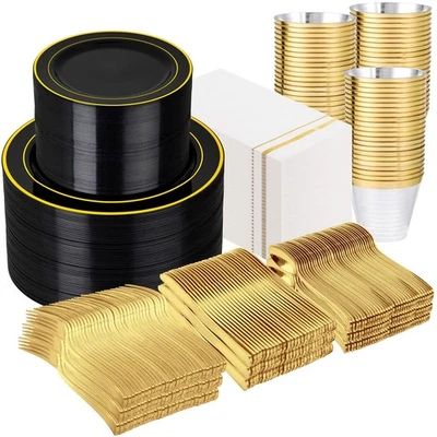 700 PIEZAS Platos de Plástico Negro - Juego de Vajilla de Plástico Desechable Dorado Incluye... Foto 1 de 4