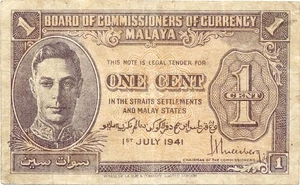 MALAYA banknote 1 Cent 1941 VF+ Choice Very Fine - Picture 1 of 7