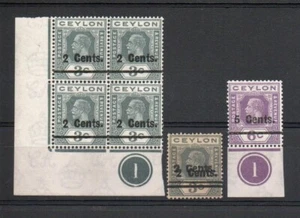 CEYLON SG361a OVERPRINT DOUBLE + 361 PLATE BLOCK + SG362 M/M - Picture 1 of 2