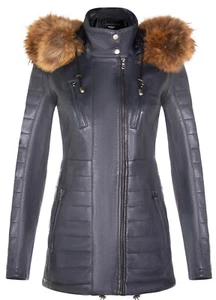 Women's Navy Blue Leather Jacket Detachable Hooded Quilted Parka Trench Coat - Picture 1 of 5