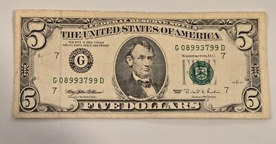 $5 Dollar Bill Serial #G08993799D. Series 1995. - Image 1 of 2