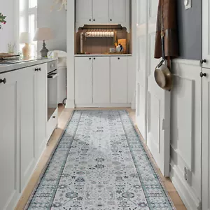 Aqua Blue Grey Floor Rug Machine Washable Non Slip Carpet Hall Runner 80x300cm - Picture 1 of 9