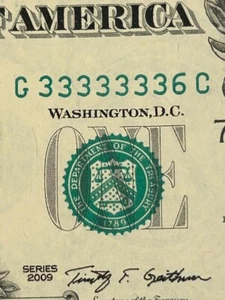 2009 $1 FRN Gem CU near Solid Same Serial Number seven 3's note 3 of 4 - Picture 1 of 3