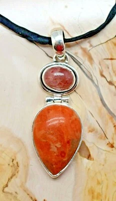 Lágrima Esponja Coral y Piedra Solar, Collar Plata de Ley 925 Seda Negra 18" Foto 1 de 4