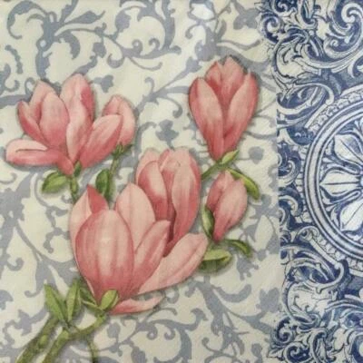 PAPER NAPKINS DECOUPAGE / DINNER PK20 PINK MAGNOLIA FLOWERS W GREY VINE LEAF 3PL - image 1 of 2