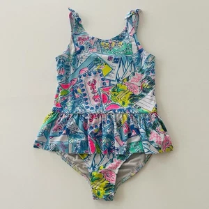 Lilly Pulitzer Girls 10 Ruffle Swimsuit Wish You Were Here Postcard Print - Picture 1 of 8