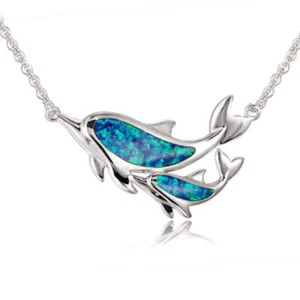 Sterling Silver Alamea Hawaii Blue Opal Dolphin and Baby Calf Necklace - Picture 1 of 3