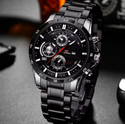 Men's Watch Luxury Waterproof Analog Quartz Black & Silver Stainless Steel Band - Image 1 of 4